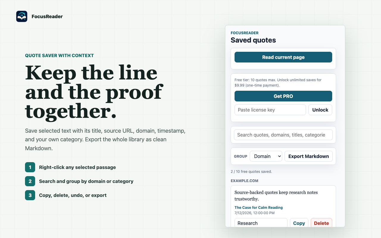 FocusReader popup showing saved quotes, grouping, PRO status, and export controls.