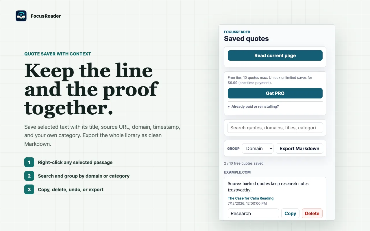 A real FocusReader popup showing source-backed quotes grouped in the local quote library.