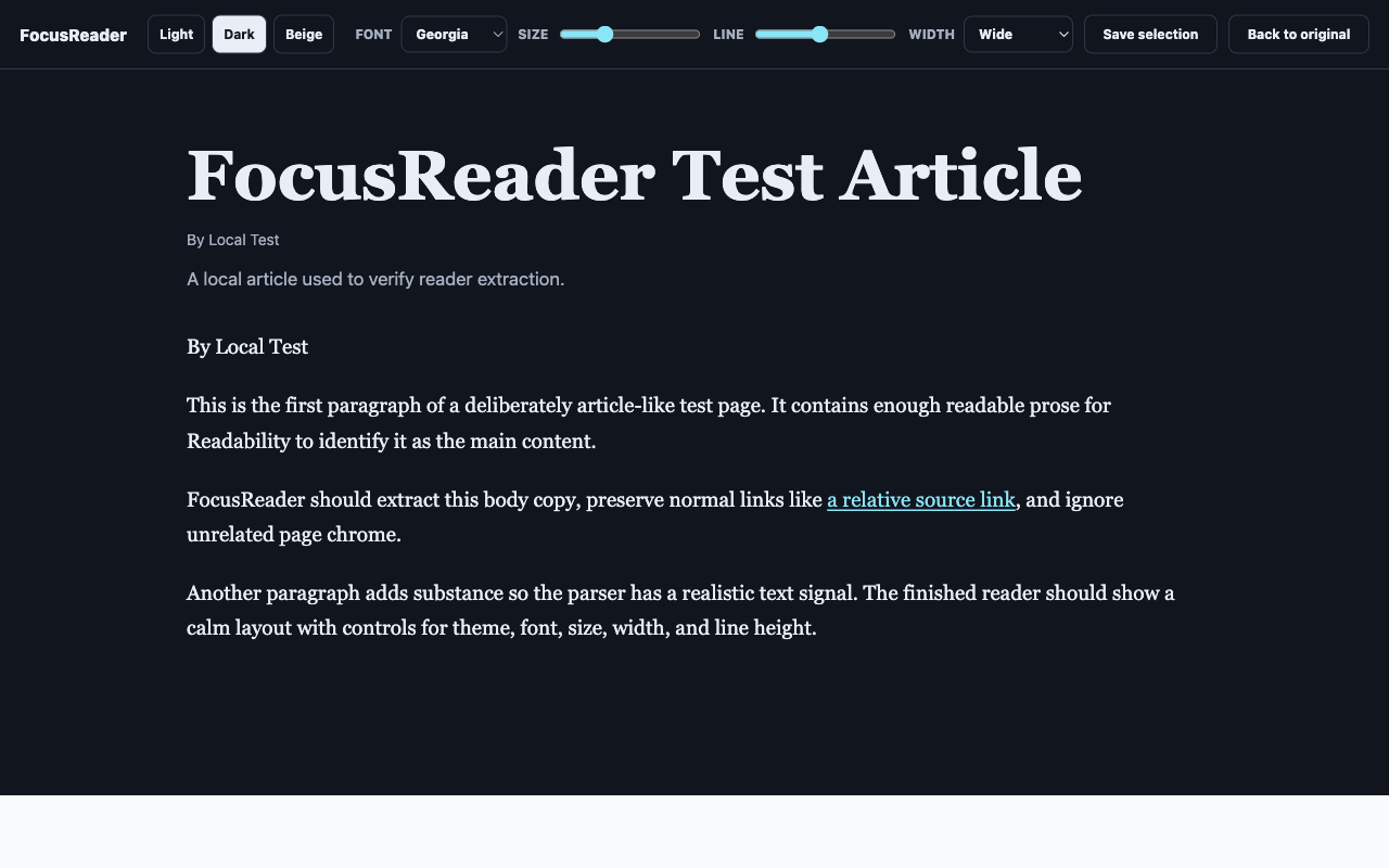 FocusReader reader mode preview with theme and typography controls.