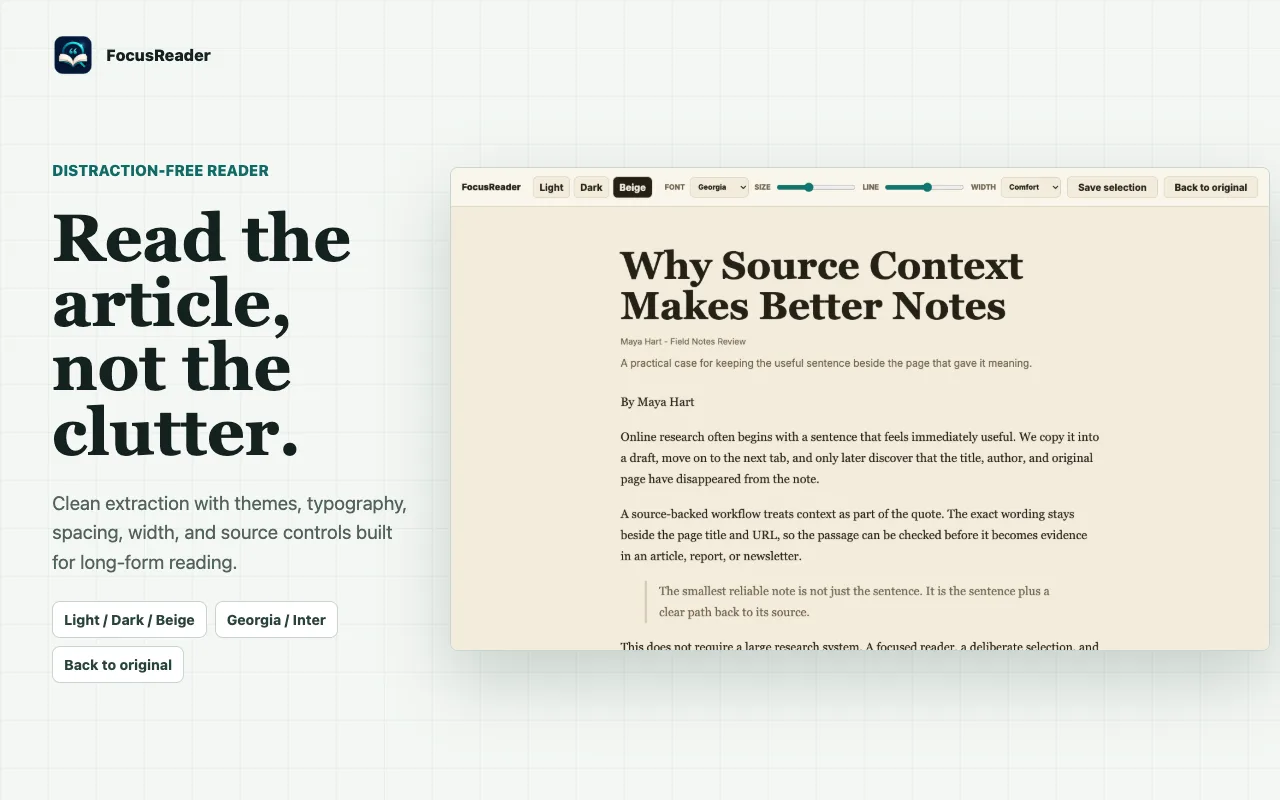 A real FocusReader reader view with article text, themes, font choice, size, and line-height controls.