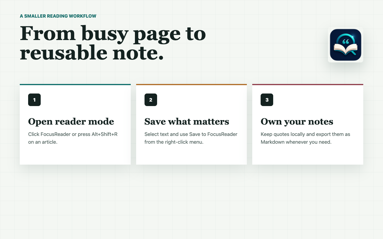 FocusReader onboarding showing reader, quote saving, and Markdown export.